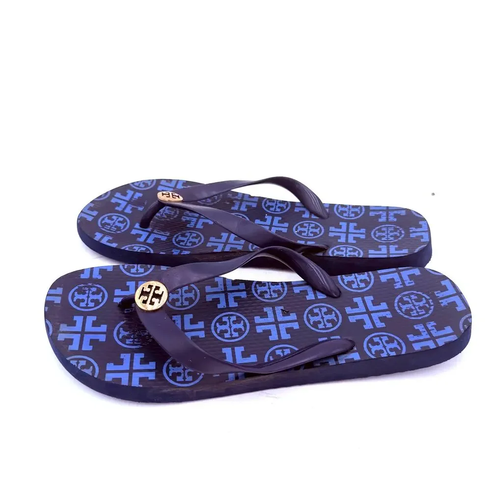 Tory Burch Navy Blue & Gold New Traveler Emblem Thong Flip Flops Sandals Size 9